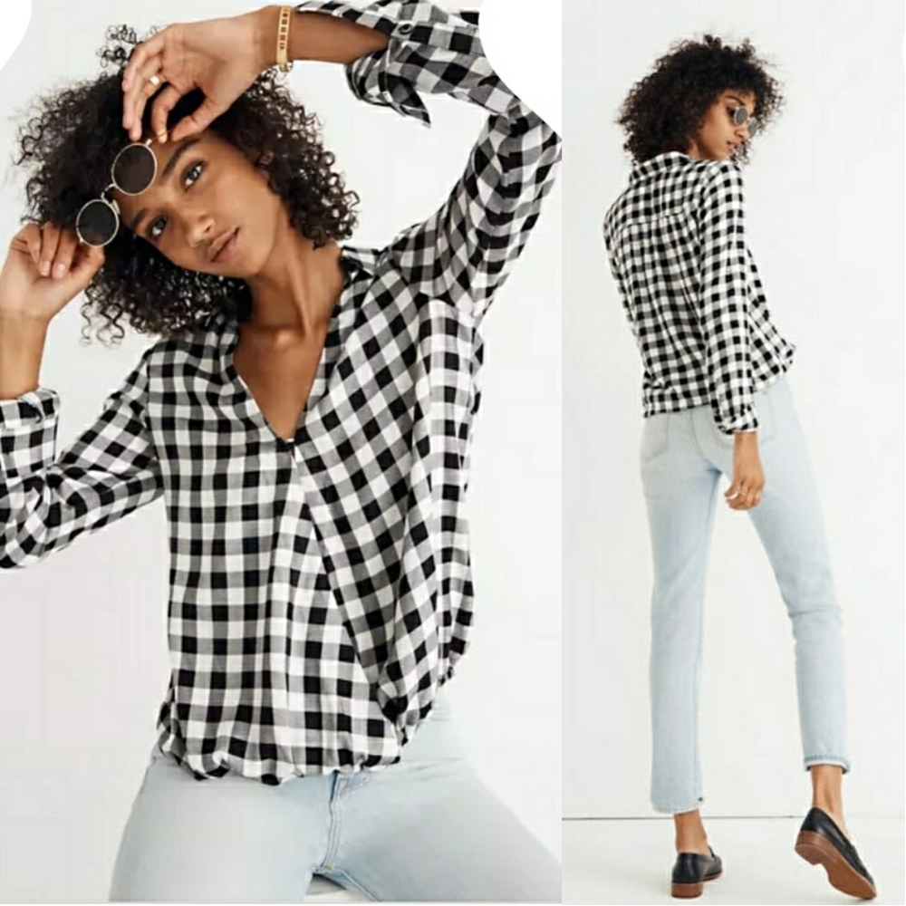 Madewell Wrap Front Shirt Buffalo Check Black & White XXS